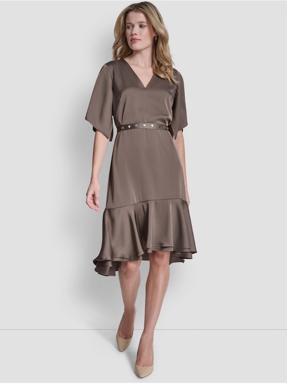 DKNY Flutter Sleeve V-Neck High Low Midi